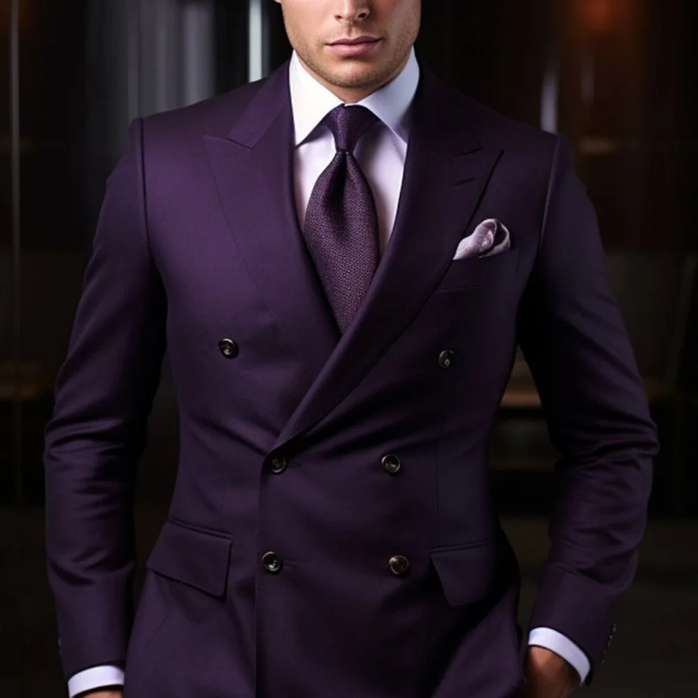 Luxury Deep Purple Suits for Men Double Breasted Peak Lapel High Quality 2 Piece Jacket Pants Sets Formal Wedding Blazer Terno