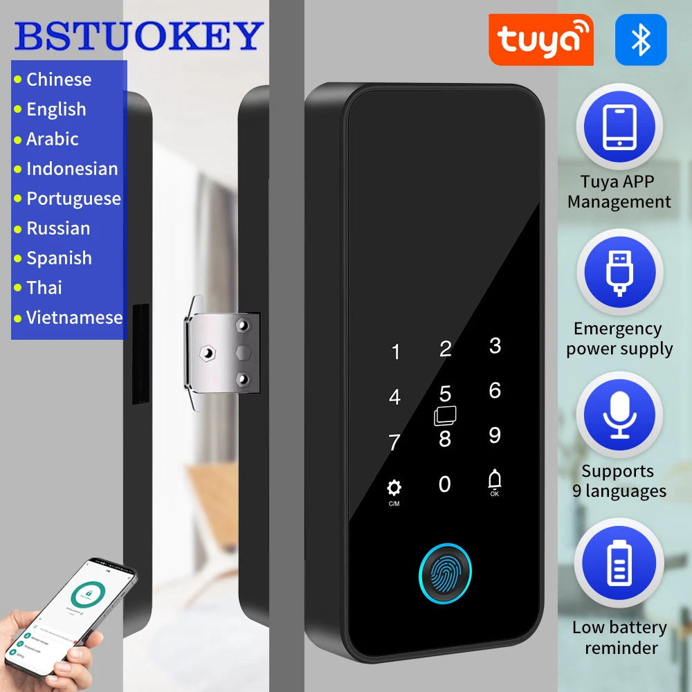 

Tuya Smart Life Bluetooth Glass Door Lock Digital Biometric Fingerprint Glass Lock No-Drill supports App Unlock Without Punching