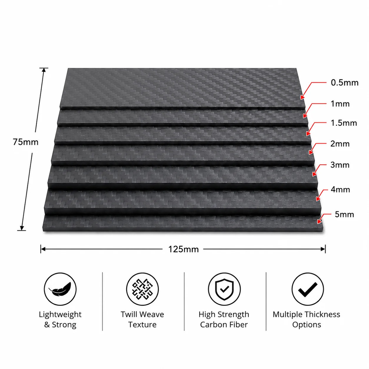 125mm X 75mm Carbon Fiber Plate Panel Sheet for Drone - Real Carbon Fiber Composite Hardness Material in Multiple Thickness Opti
