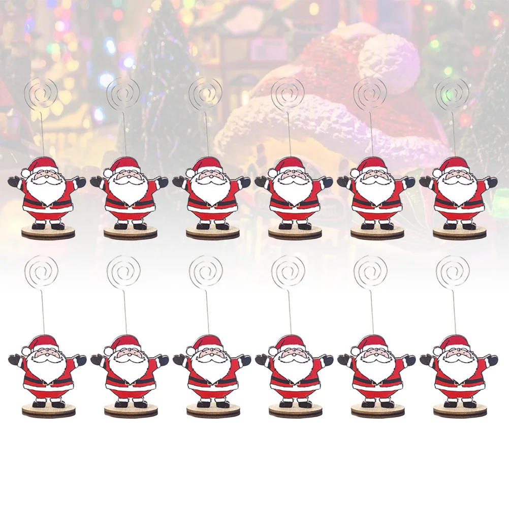 12 Pcs Christmas Note Holder Memo Clip Photo Clips Gift Cards Digital Picture Cartoon Stand Wooden Bamboo Elder