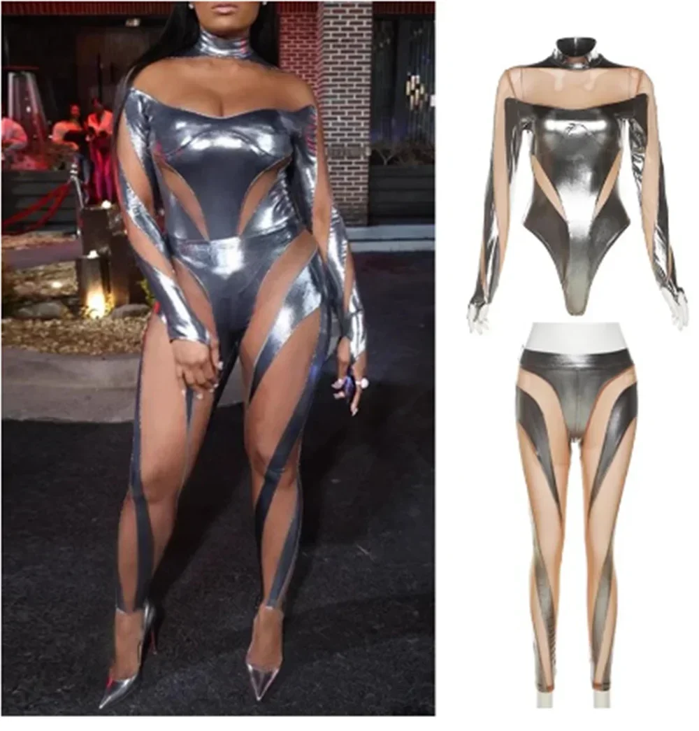 

Sexy Mesh Stitching Laser Bodysuit Pole Dance Costume Singer Dancer Stage Wear Party Rave Outfit Drag Queen Clothes