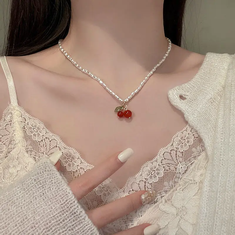 Kiss Jewelry Kpop Summer Red Cherry Leaf Pendant Pearl Beaded Necklace for Women Y2K Korean Fashion Sweet Choker 2023 Trendy