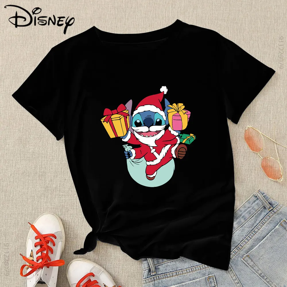 

Santa Claus Stitch Funny Disney T-shirt Womens Fashion Cute Christmas Vibes Clothes Black O-neck Top Tee American Xmas T Shirts