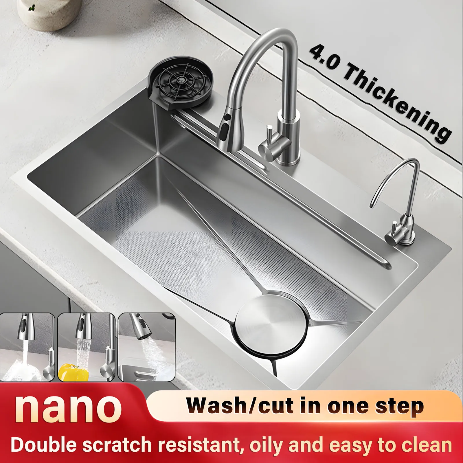 

304 Stainless Steel Kitchen Sink Silver Embossed Large Single Slot Home Improvement Multifunction Wash Basin For Kitchen