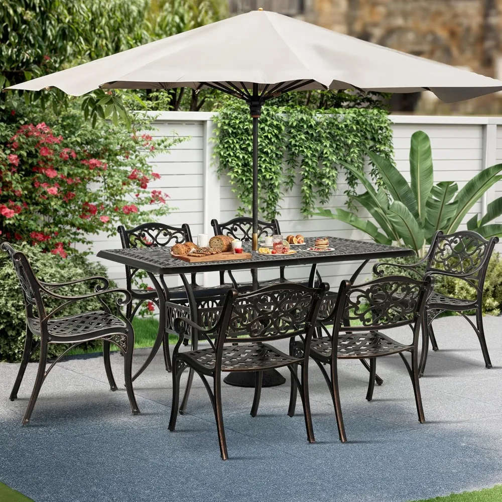 

Cast Aluminum Outdoor Dining Table, 59'' Patio Table w/Max Bearing 220 LBS, Patio Dining Table with 2 Umbrella Hole.