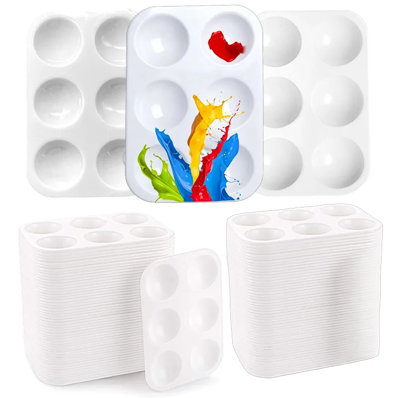 2/3/5/10Pcs White Plastic Color Palette for Painting 6 Well Rectangular Paint Palette Watercolour Pan Mixing Paddle TSB02
