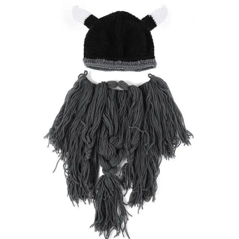 Knitted Viking Beard Horn Hat Adult Crazy Funny Halloween Cosplay Ski Mask Barbarian Vagabond Vintage Winter Beanie Cap