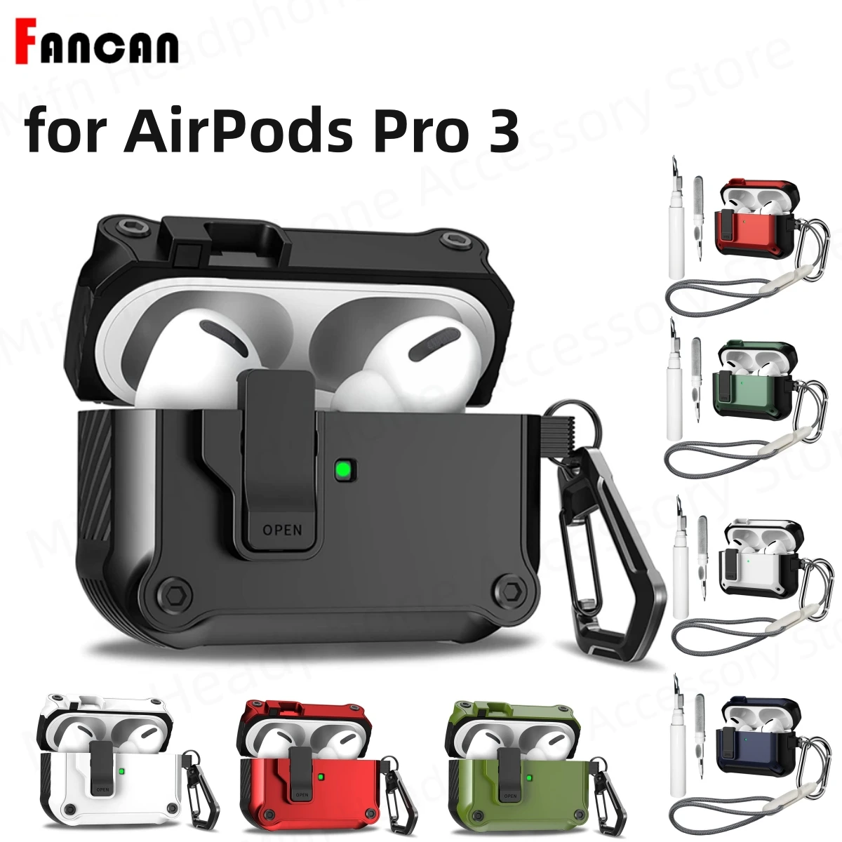 새로운 [4 in 1] 에어팟 프로 3 케이스 자동 팝업 보안 잠금 클립 풀 프로텍티브 케이스 에어팟 4 및 에어팟 프로 3 이어버드용