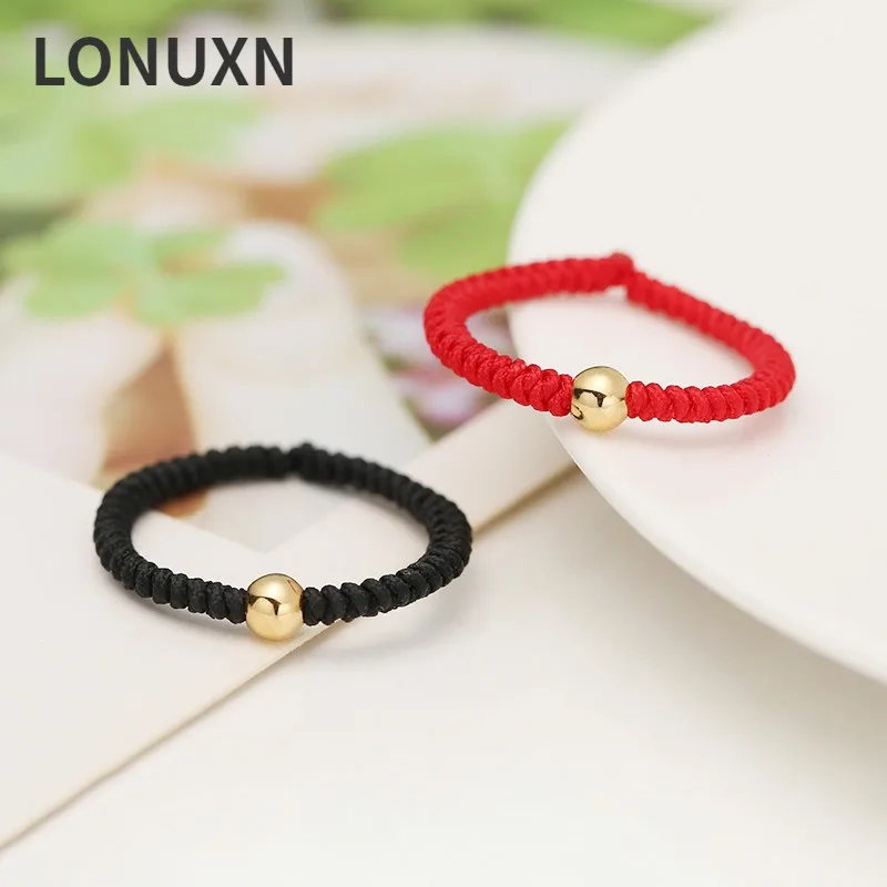 High Quality Real 24K Yellow Gold 3mm Beads Circle Rings for Women Men 999 Glossy Red String Couple Lover Red/black Rope Jewelry