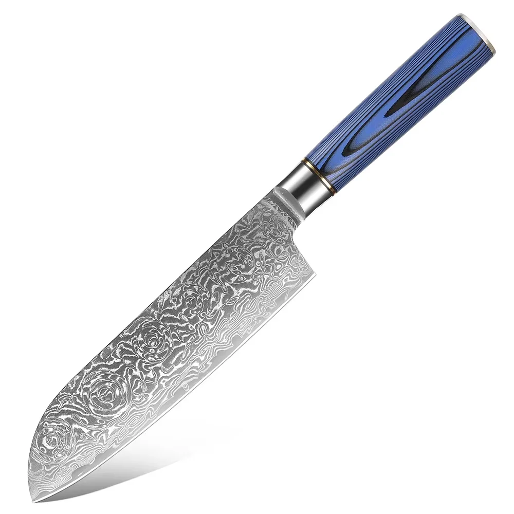 XITUO-cuchillo Santoku de 7 pulgadas, cuchillo de cocina de acero damasco, hoja ultraafiluda, cuchillo Santoku para Chef profesional y restaurante, mango azul G10