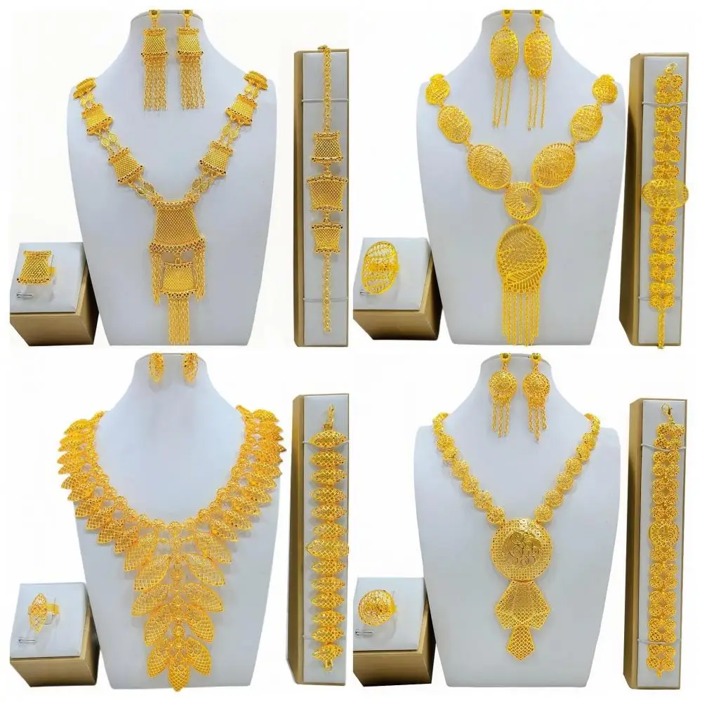 4PCS Indian Fashion Plated 24k Gold Color Charm Necklace Earrings Set African Wedding Jewelry Sets Bridal for Dubai Party Gift