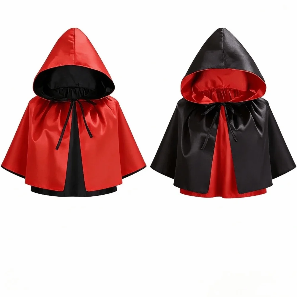 Rogue Character Double-sided Halloween Cloak Short Role-playing Cosplay Cap Black Red Medieval Hooded Cloak Hat Renaissance Fair