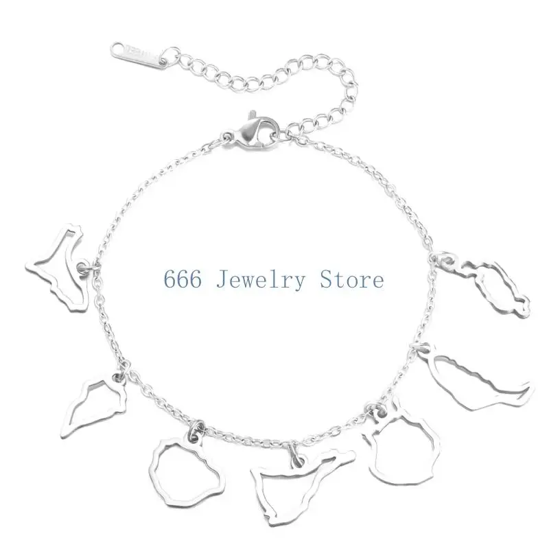 F2TD Adjustable Map Charm Bracelet, Stainless Steel Spain Inspired Wristband Jewelry with 6.69 in Chain Plus 1.96 in Extension