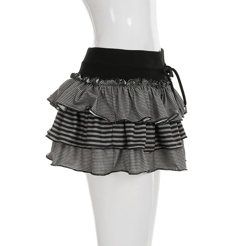 Gonna a righe di colore dolce a contrasto per donna 2026 Primavera nuova gonna a torta con foglie di loto con giunture a vita bassa