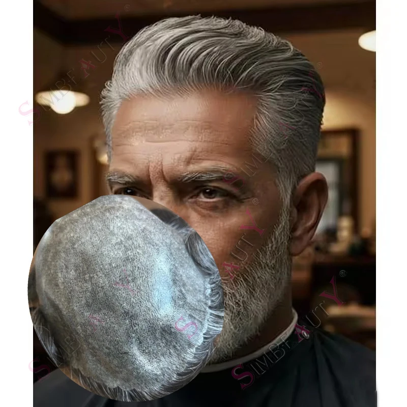

#1b80 Grey Black European Human Hair Wig Full Poly PU Dark Brown Men Toupee Natural Hairline Microskin Prosthes System Hairpiece