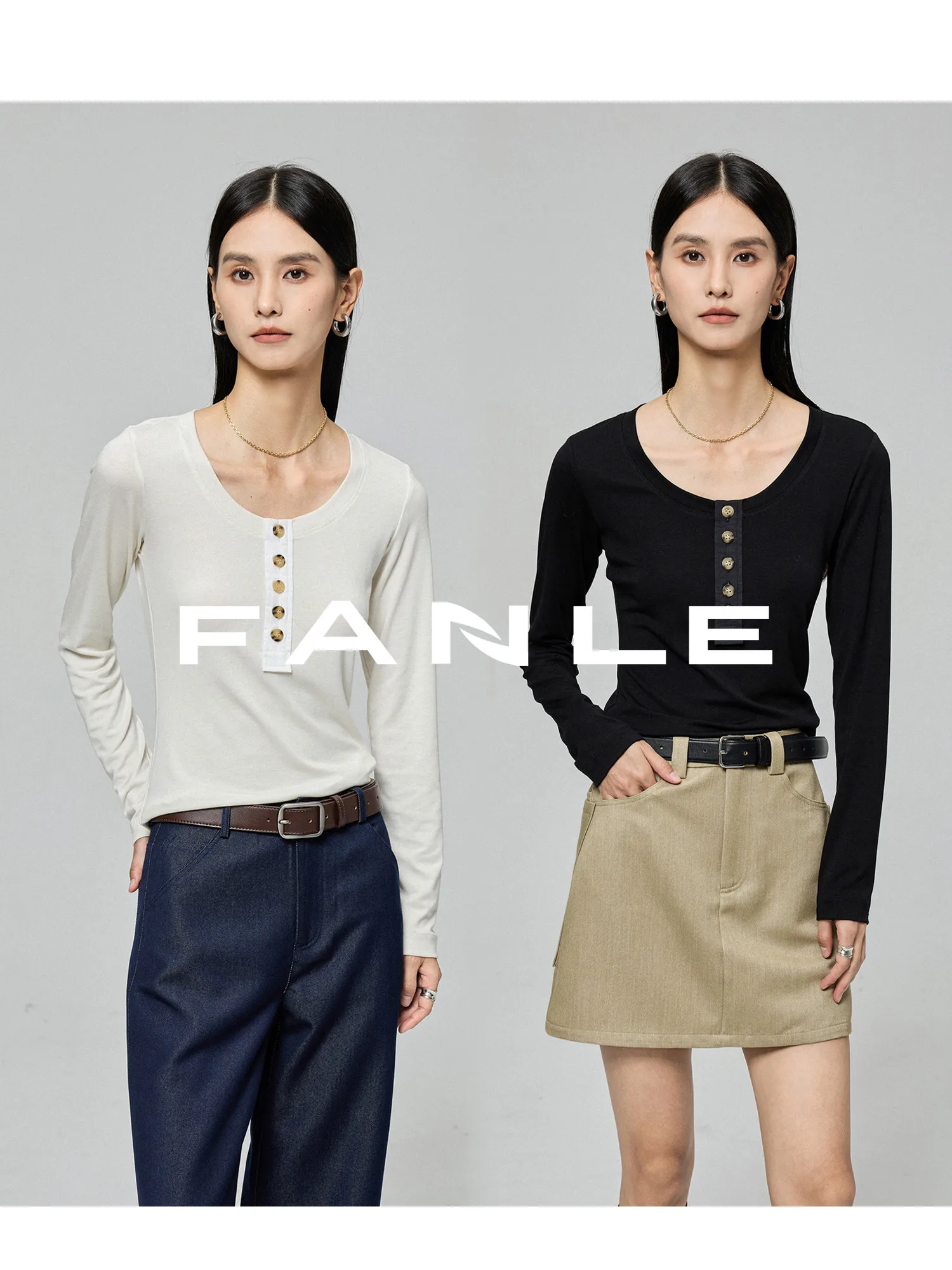 

FANLE STUDIOS Luxury Wool Slim Fit Long Sve U-Ne Single Button Base Layer Top Women's Vintage Sle Straight Cut ...