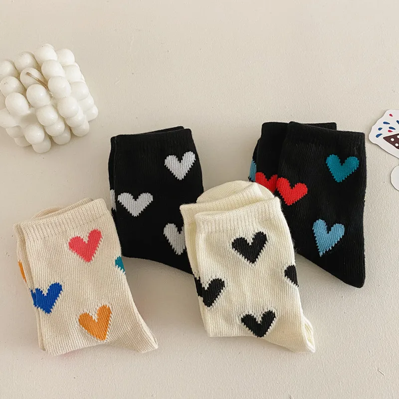 4 Pairs Children\'s Socks Autumn Winter Kawaii Cute Loving Boys Girls Tube Socks Warm Cotton Student Sports Socks For 3-12 Years