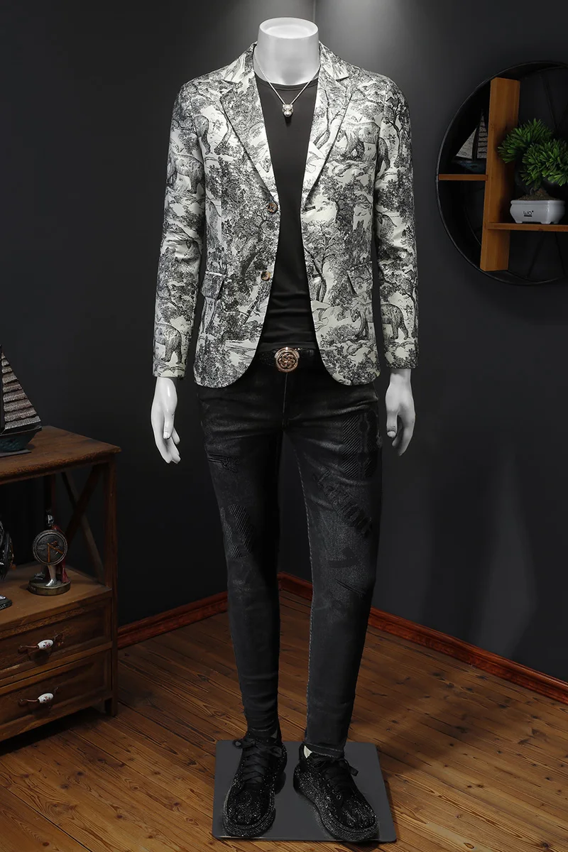 2025 Autumn Jacquard Suit Jacket for Men Slim Fit Casual Business Men Blazers Street Wear Retro Social Wedding Groom Blazer