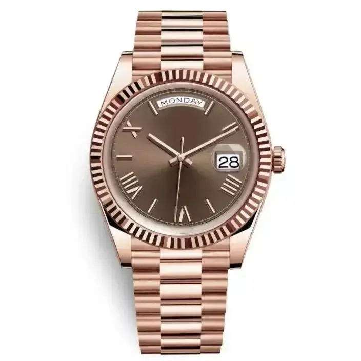 Luxury New Mens Mechanical Watch Automatic Self Wind Daydate Rose Gold Coffee Rome Dial Blue Green Sapphire