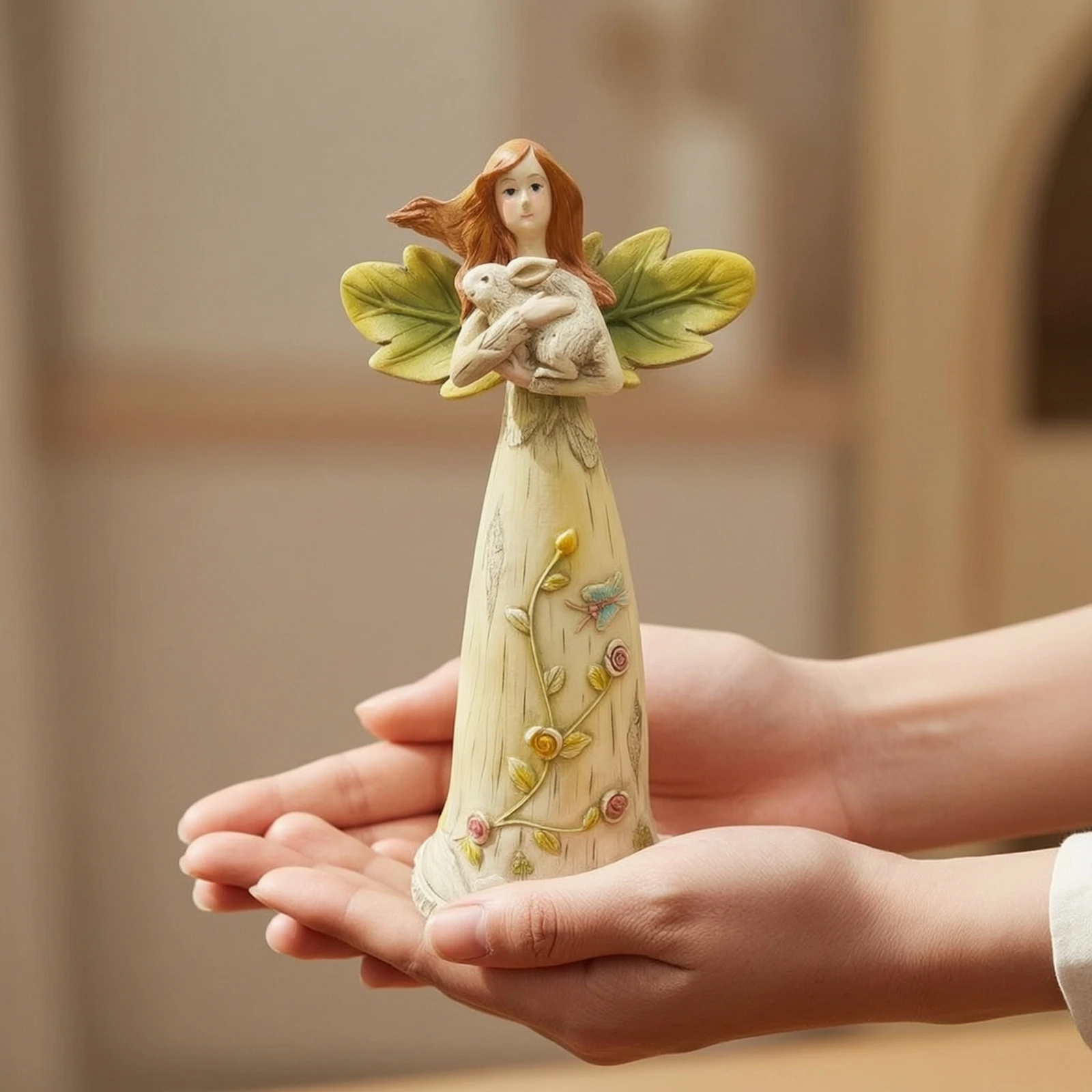 Angel Figurine with Rabbit Forest Angel Figurine Sculpture Detailed Decorative Accent Cute for Collector, Shelf, Entryway view 4