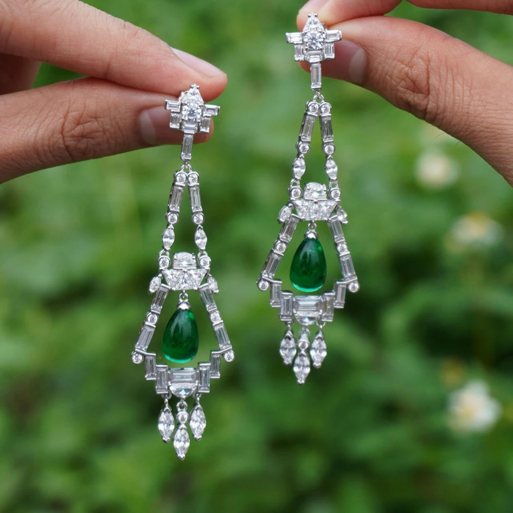 Wong Rain 925 Sterling Silver 8*12 MM Pear Emerald High Carbon Diamond Gemstone Vintage Tassel Drop Earrings Jewelry for Women