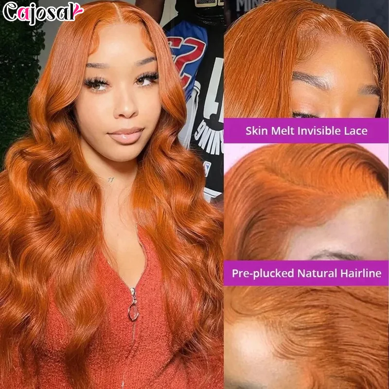 Perucas de renda frontal brasileira para mulheres, onda corporal, sem cola, gengibre laranja, remy, cabelo humano, pré-arrancado, 13x6, 4x4 HD