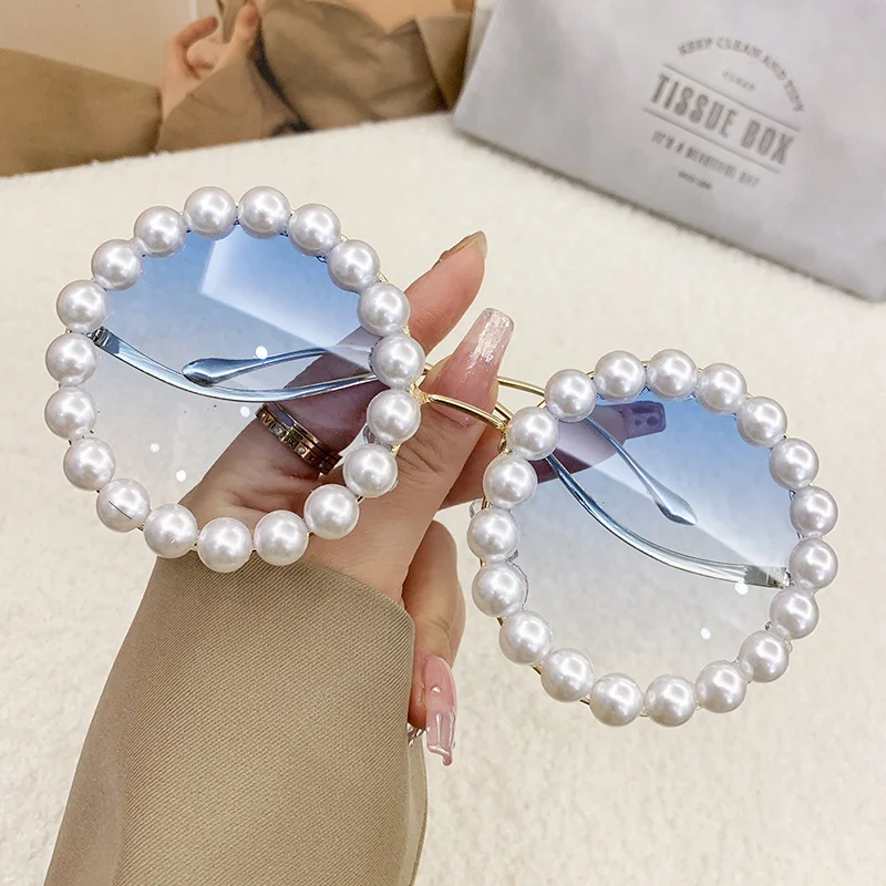 Pearl Round Framed Sunglasses Ins Stylish Wavy Leg Gradient Sunglasses UV400