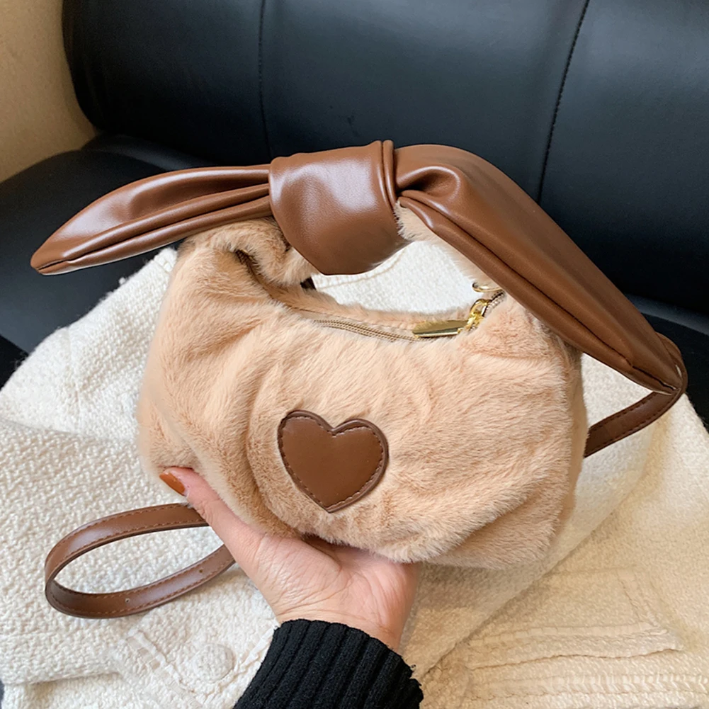 Heart Pattern Furry Women's Top-Handle Bag Autumn/Winter Soft Plush Handbag Cute Fluffy Small Tote Crossbody Bag with Bow Handle