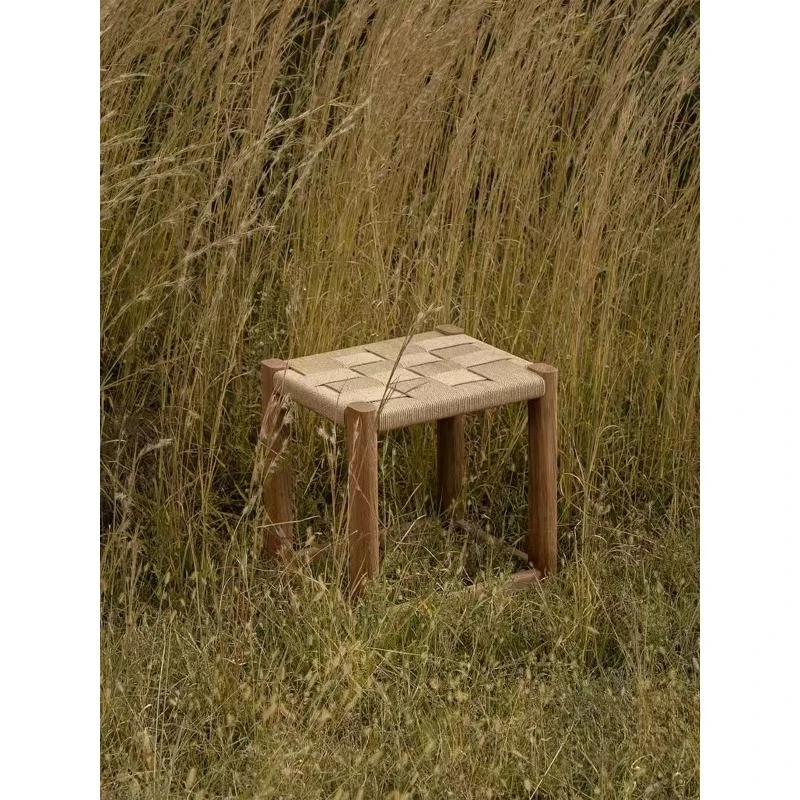 Solid wood stool, hand-braided rope elm dressing stool