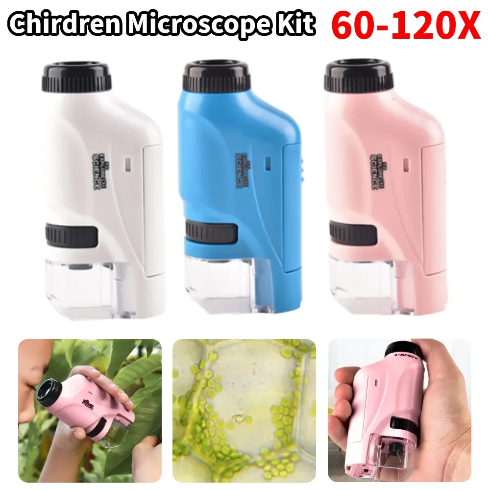 Mini Pocket Microscope Handheld Microscope Kit Battery Powered Microscope With Lab LED Light 60X-120X Biological Kids Science