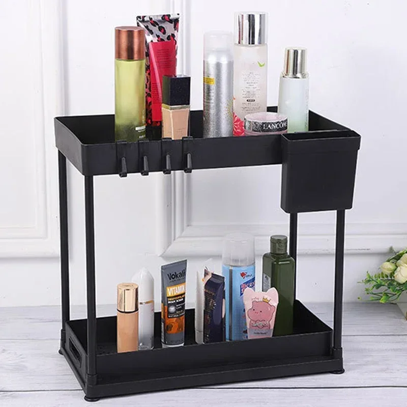 2-layer Drawer Style Storage Box Sliding Out Cabinet Rack Multi-purpose Holder with Hook Kitchen and Bathroom Storage Basket