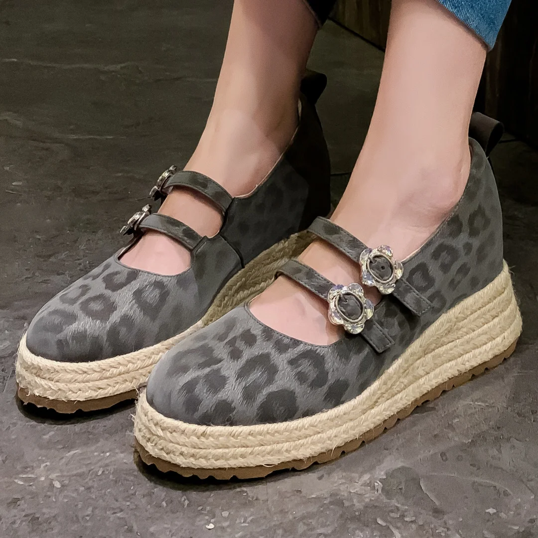 Mocasines sin cordones con doble hebilla de metal de cuero genuino de leopardo para mujer, mocasines informales de tacón alto con cuña de 7cm para uso diario, venta de zapatos