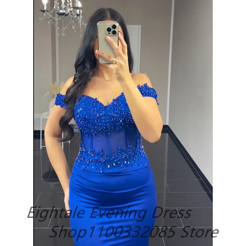 Eightale Customized 2024 Royal Blue Mermaid Evening Dresses Beaded Off Shoulder Slit Party Gown Fitted Arabic Prom Dress