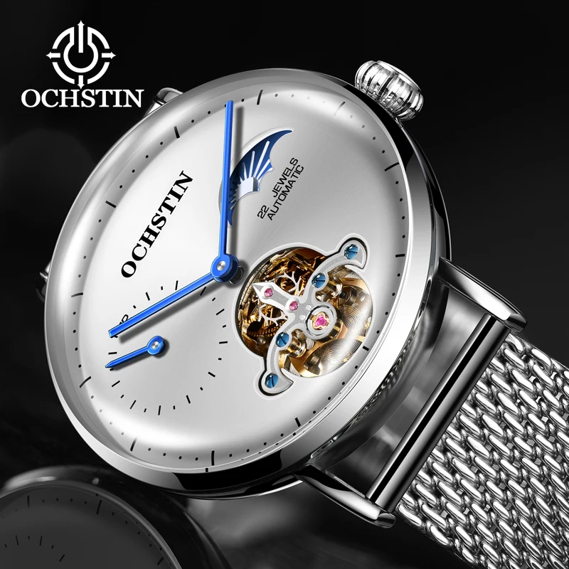 OCHSTIN Business Tourbillon Mechanical Men\'s Watches Woven Nylon Band Cover Glass Silver Case Moon Phase Clock Relogio Masculino