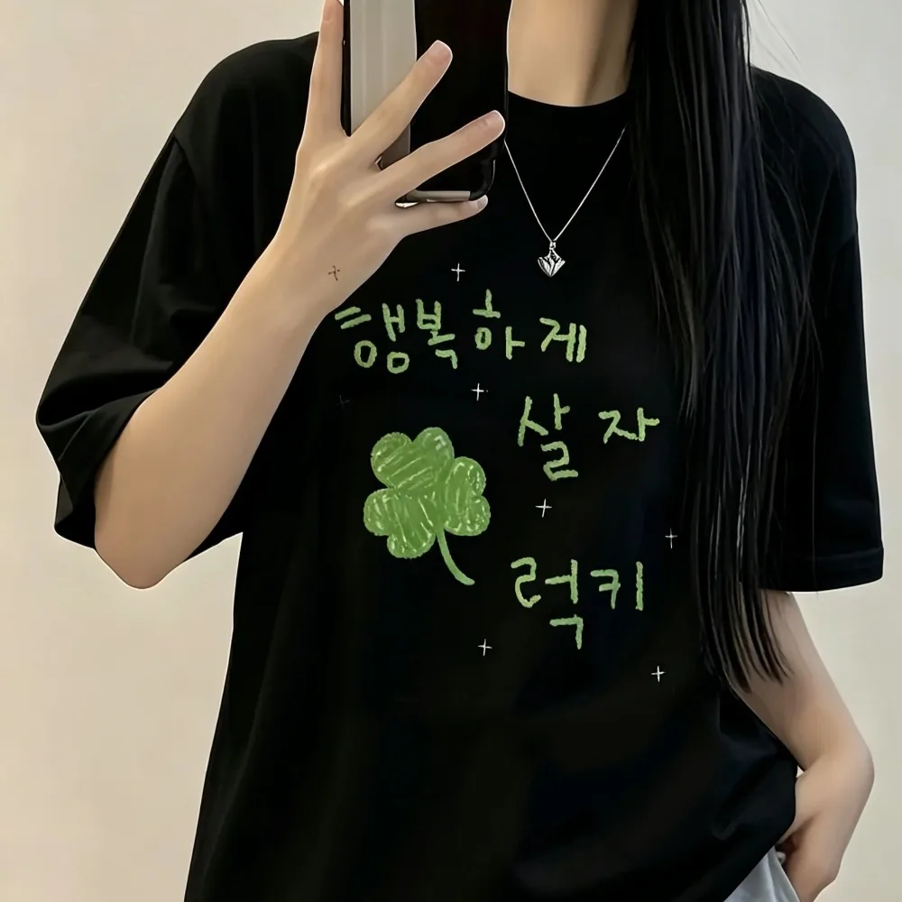 Korean Clover Letter Graphic Tee Summer Aesthetic T-Shirt Lucky Green Leaf Cute Top Casual Short Sleeve Streetwear