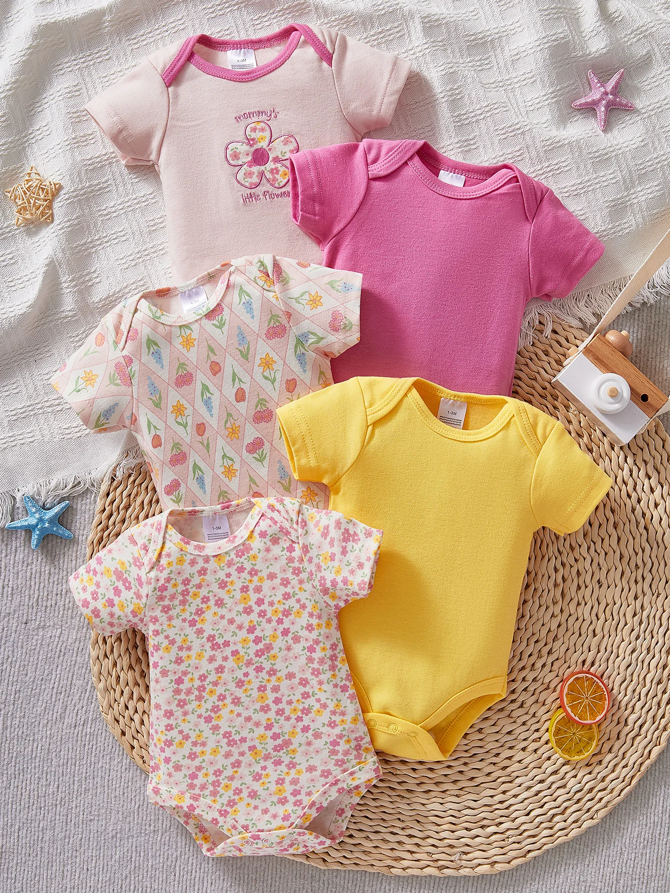 5-Piece Set Baby Girl Newborn Jumpsuit Summer Clothes Crawling Bag Fart Short Sleeved round Neck Outfit for Infants