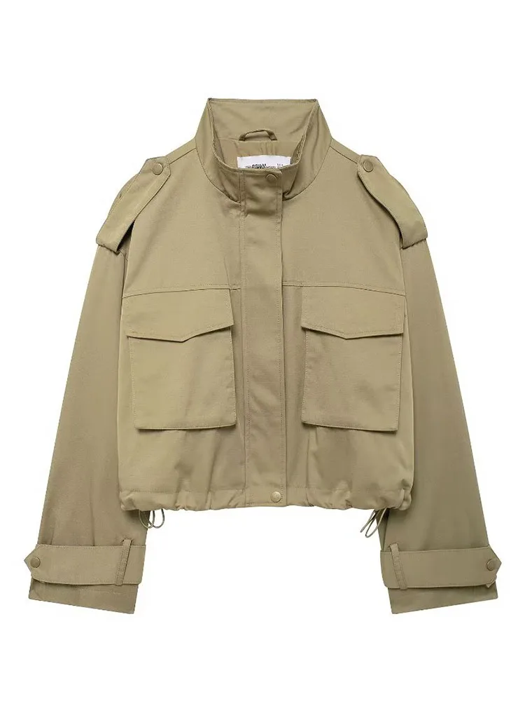 TRAF 2 Pieces Autumn Women Jacket Pant Sets 2024 Fashion Female Stand Collar Top Pockets Coat Straight Pleated Pant Outfits