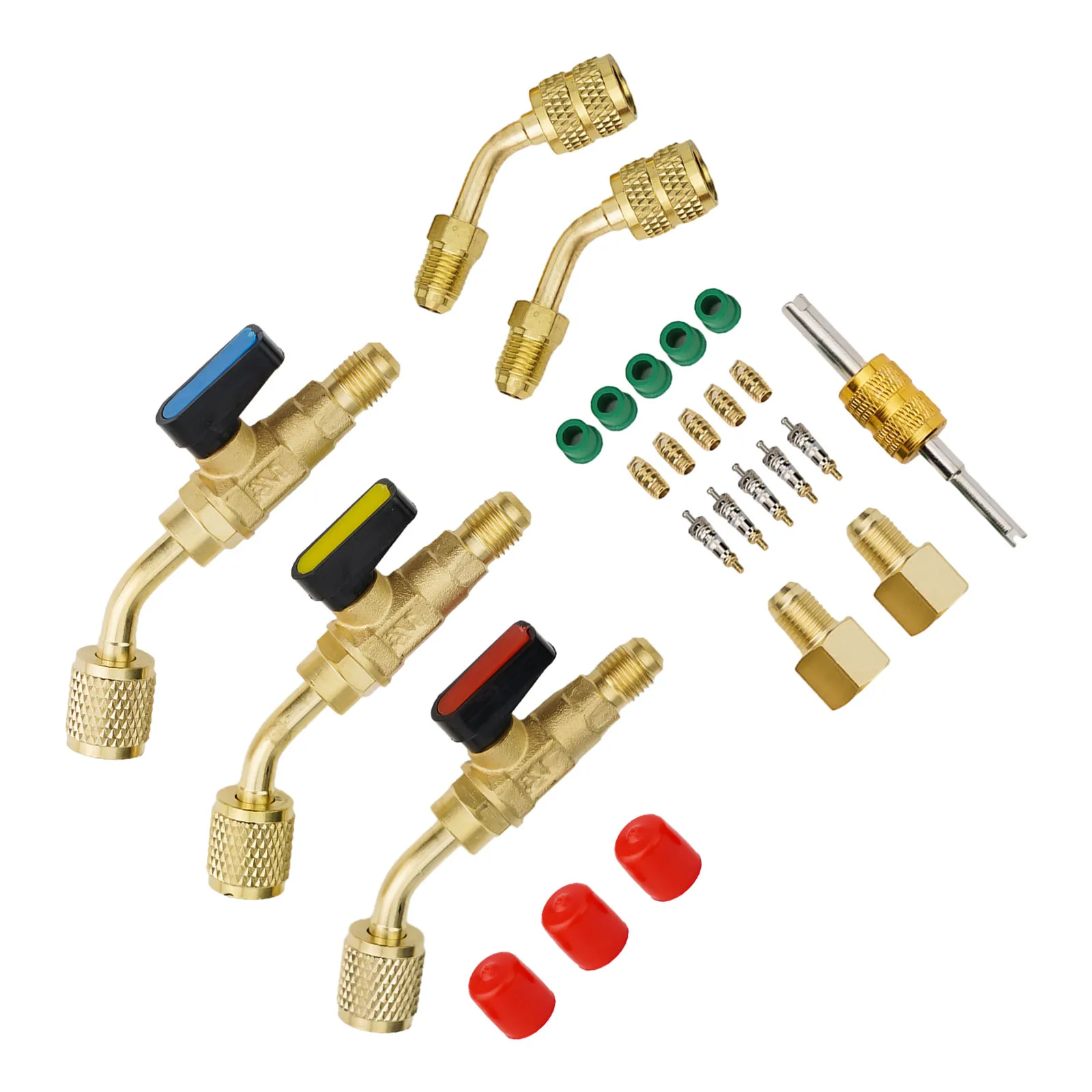 Kit de válvula de esfera compacta de ângulo R410A R134A R22 AC HVAC, construção de cobre de terra forte, design de ângulo de 45 graus