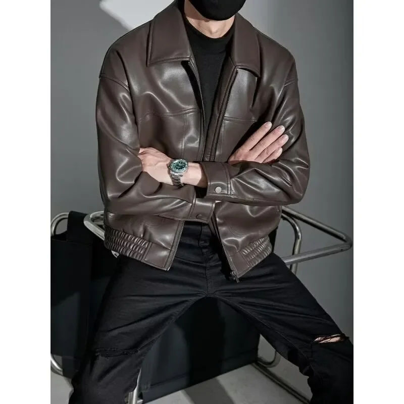 

Искусственная кожа, британская куртка из искусственной кожи, универсальная мужская куртка нового стиля, мужской костюм с воротником, повседневный осенне-зимний модный топ