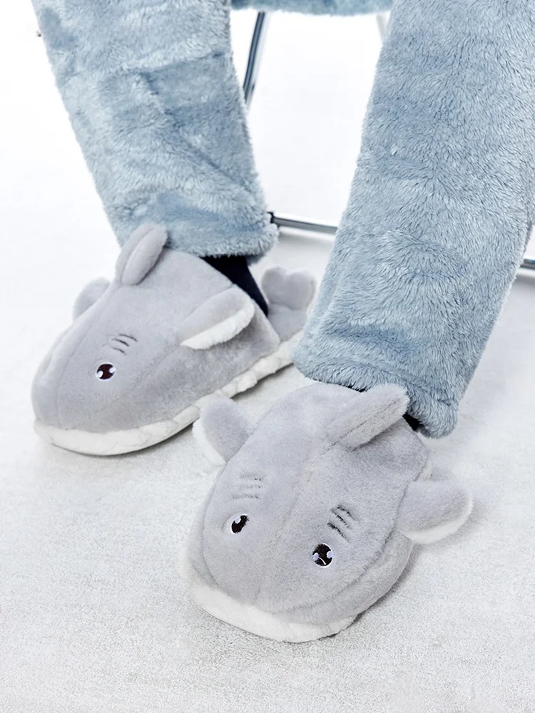 

Warmth Shark Cartoon Plush Slippers Men's Cotton Slippers Home Comfortable Soft Bottom Youth Trendy Flat Heel PVC Outsole
