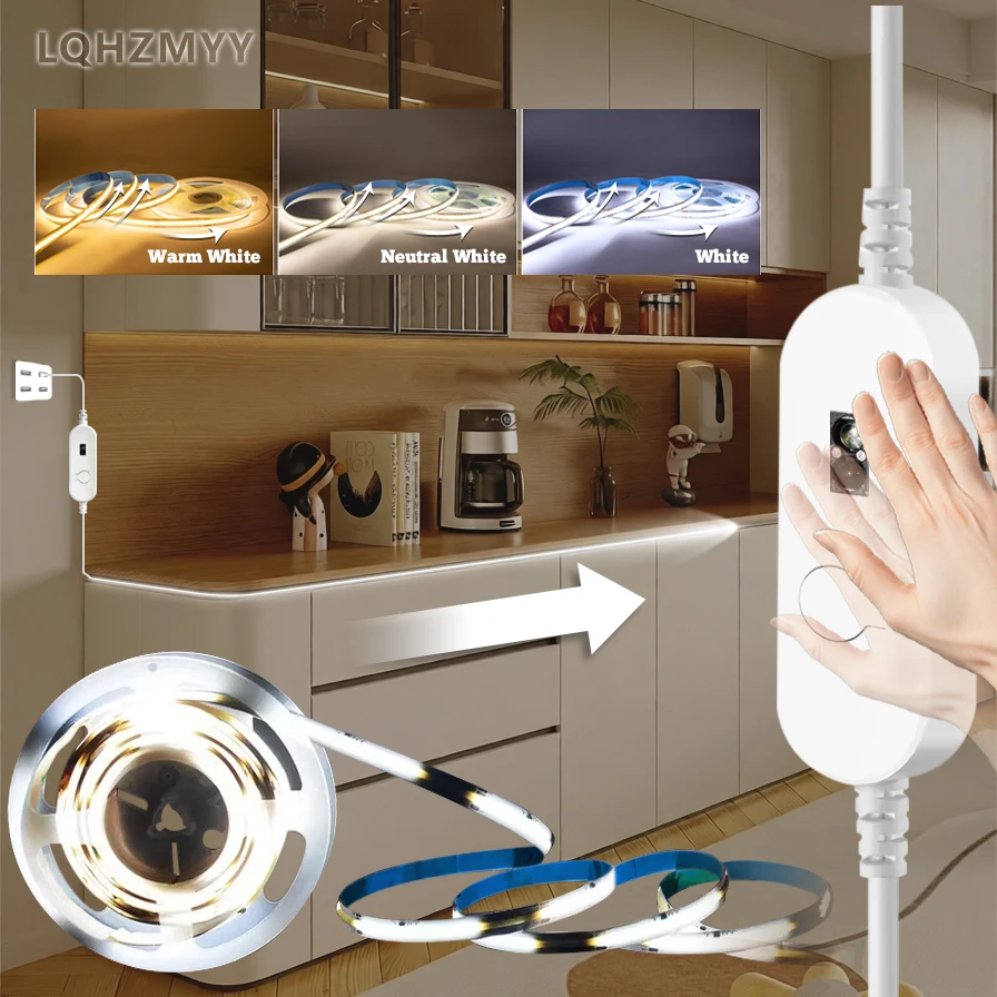 1 Roll of Led Light Strip with Gesture Sensor Switch, Featuring a Flowing Light Effect, No Light Spots, Cob Flexible Led Strip, Suitable for Cabinets, Wardrobes, Mirrors, Live Streaming Rooms, Corridor, Stairs, House, Bedroom, Ceiling Decoration, and Other Decorative Applications