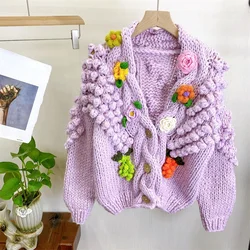 Frauen hand gestrickte Strickjacke mit 3D-Blumen-Design Vintage Twisted Chunky Sweater Winter neu in