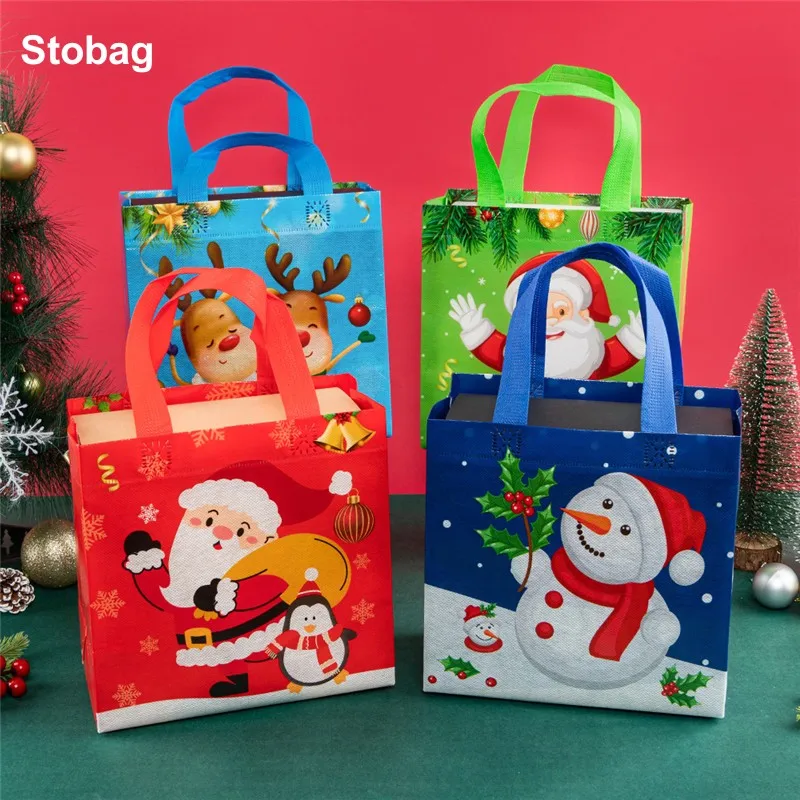 StoBag 8/20pcs Merry Christmas Non-woven Tote Bags Kids Children's Gift Candy Package Fabric Storage Reusable Pouch Party Favors