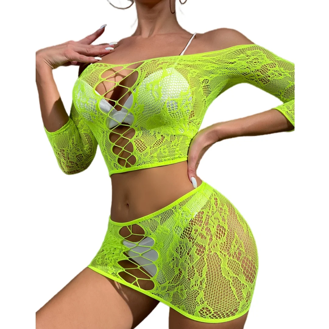 Rede de pesca de uma peça bodycon vestido de malha feminina sexy oco para fora ver através de roupa de noite clube conjunto de roupas eróticas