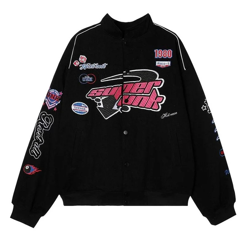 Mens Racing Baseball Jackets Letter Embroidery Street Oversize Cotton Motorcycle Jacket Women Hiphop Harajuku Retro Coat Outwear