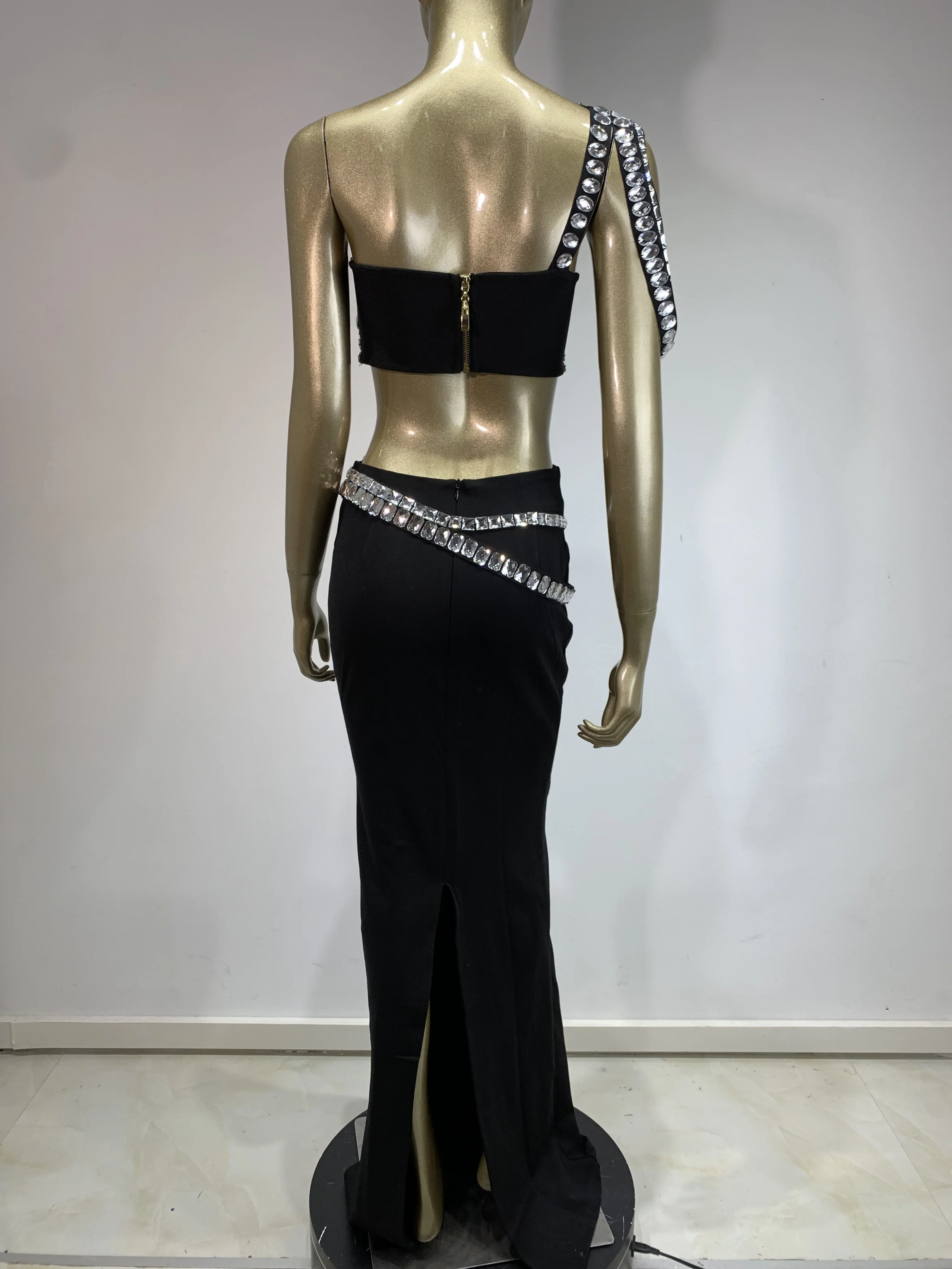 Women Summer Celebrity Sexy Beading Split Maxi Long Black Bandage Skirt Set 2024 Knitted Elegant Evening Club Party Clothing