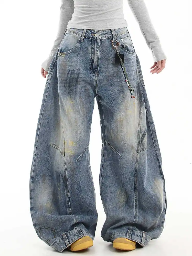 

Women's Blue Y2K American Graffiti Denim Pants Originals Loose Fit Denim Long Trousers 2000s Style Retro Fashion Denim Jeans