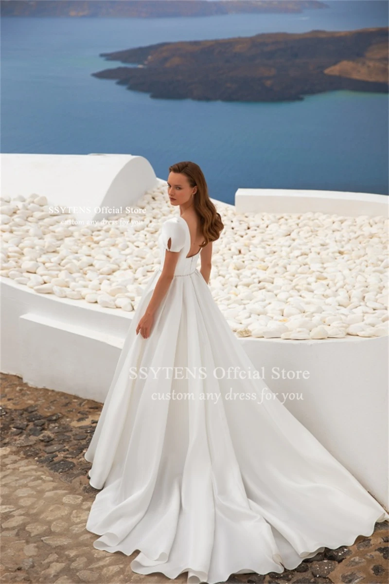SSYTENS a-ligne Satin robes De mariée col carré manches courtes bouffantes Robe De mariée robes De mariée Robe De Mairee ﻿ Personnalisé ﻿