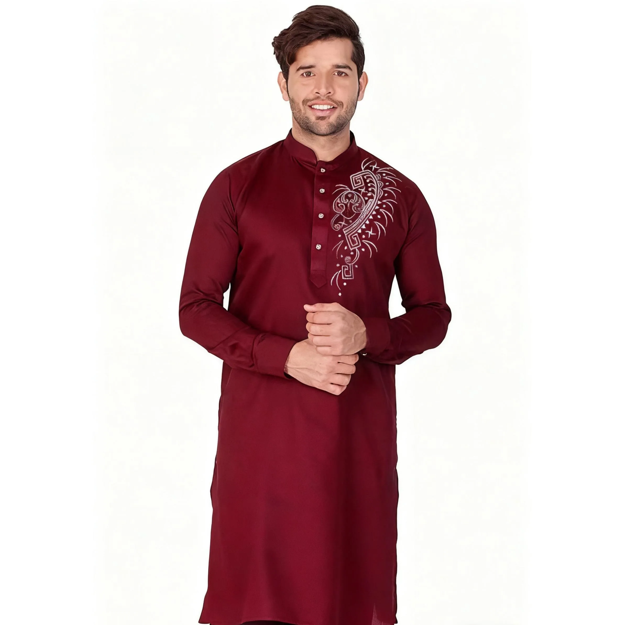 رداء رجالي من الشرق الأوسط مطبوع عليه عرقية وياقة واقفة قميص شبابي متوسط الطول معطف فاخر غير رسمي 2026 نمط وطني مسلم