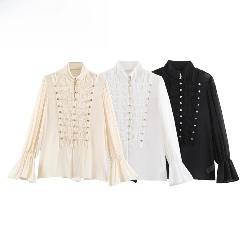 Romantic Style Women's Shirt Versatile Rope Knot Buckle Casual Loose Polyester Long Sleeve Breathable round Neck Button up